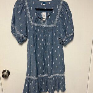 Old Navy Blue Women's Puff-Sleeve Split-Neck Embroidered Mini Swing Dress Sz M
